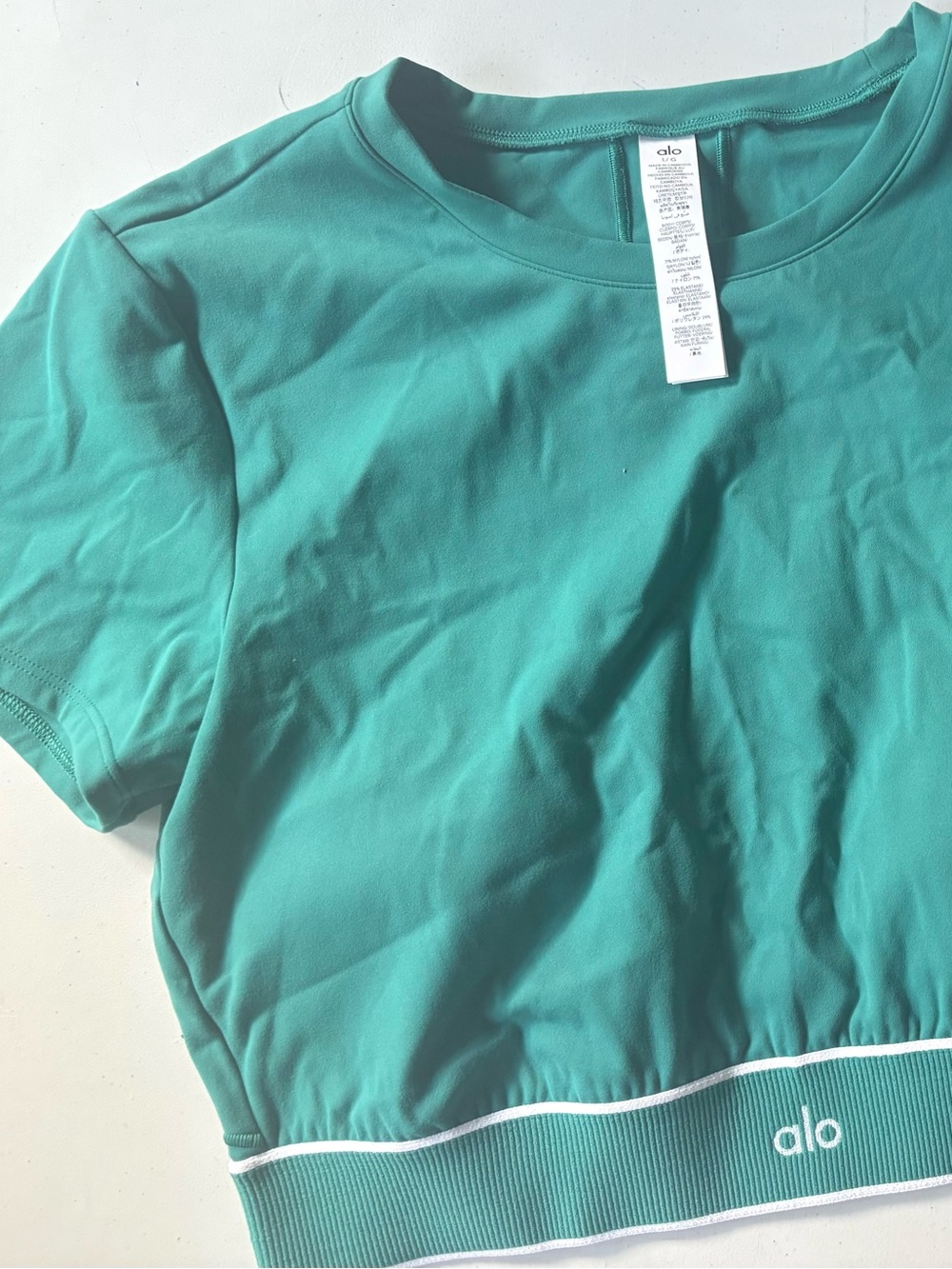 NWT Alo Yoga Softsculpt Amp It Up Short Sleeve Bra Emerald Isle Large
